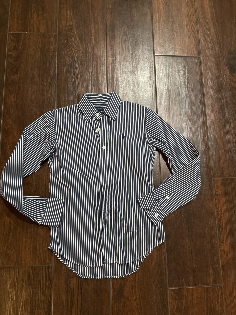 Ralph Lauren Women’s Navy and White Vertical Stripe Button-Down Shirt